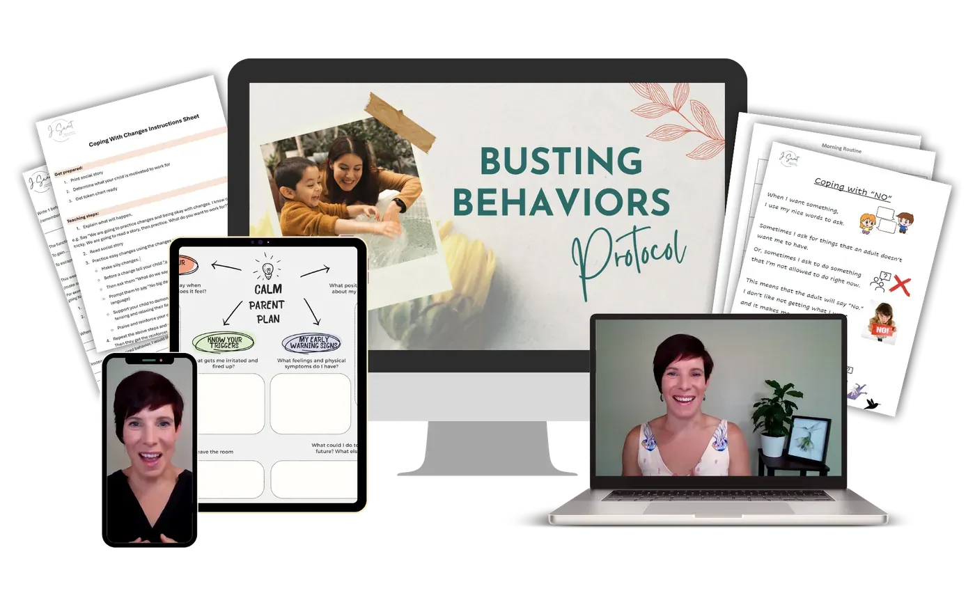 Busting Behaviors Protocol across desktop, tablet, and phone, with printable worksheets, social stories, and coaching videos