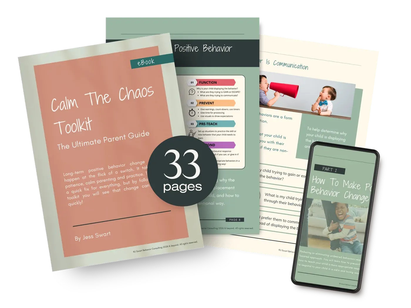 Calm the Chaos Toolkit e-book: the 33-page parent guide fanned open across cover, inside pages, and phone